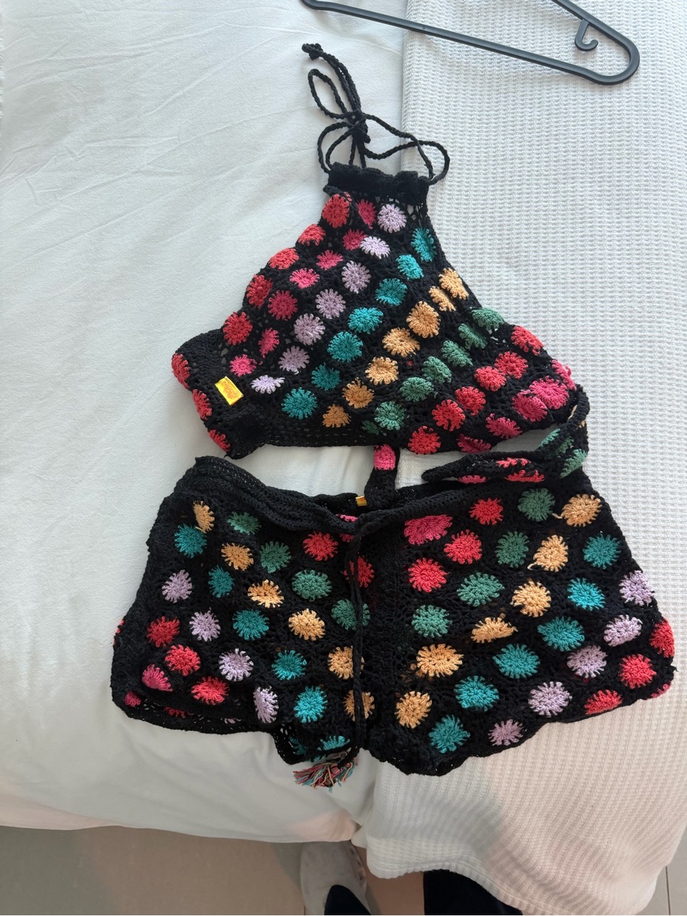 Agua Bendita Black Crochet Two-Piece Pajama Set with Multicolor Dots